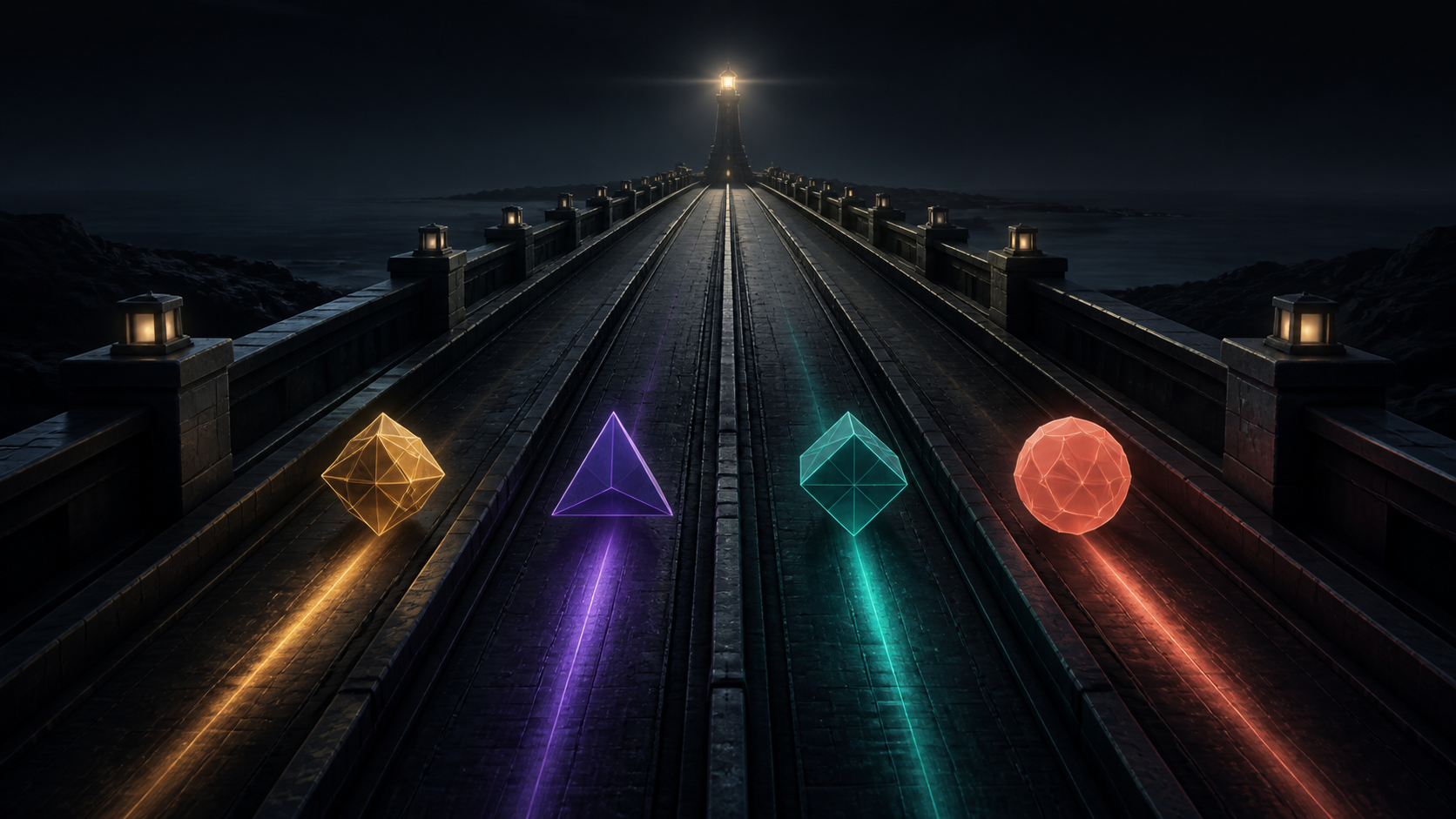 Editorial illustration of four abstract colored forms crossing a dark bridge, representing cautious large-cap altcoin breadth