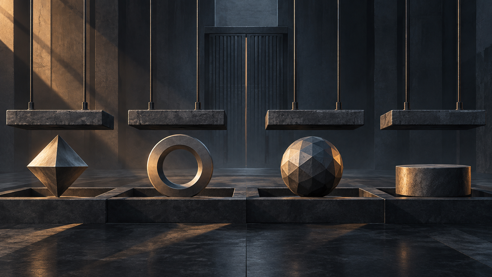 Editorial illustration of four unbranded geometric assets under separate pressure plates, representing a liquid-altcoin breadth test ahead of CPI.