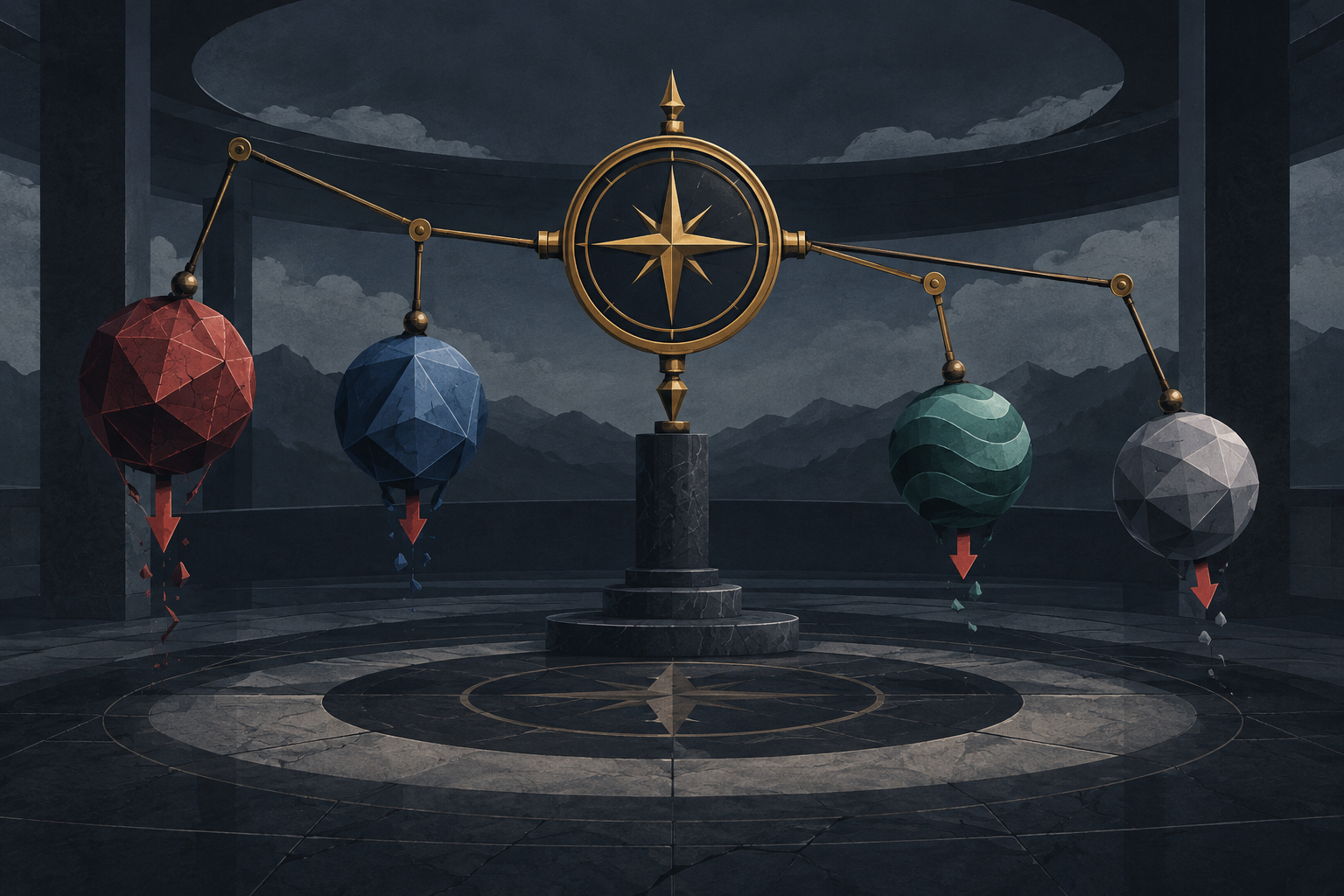 Editorial illustration of four liquid altcoins tilting lower around a stable market compass