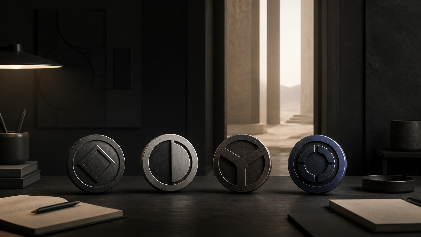 Illustration of four anonymous metal tokens arranged on a research desk, representing a disciplined liquid-altcoin watchlist.