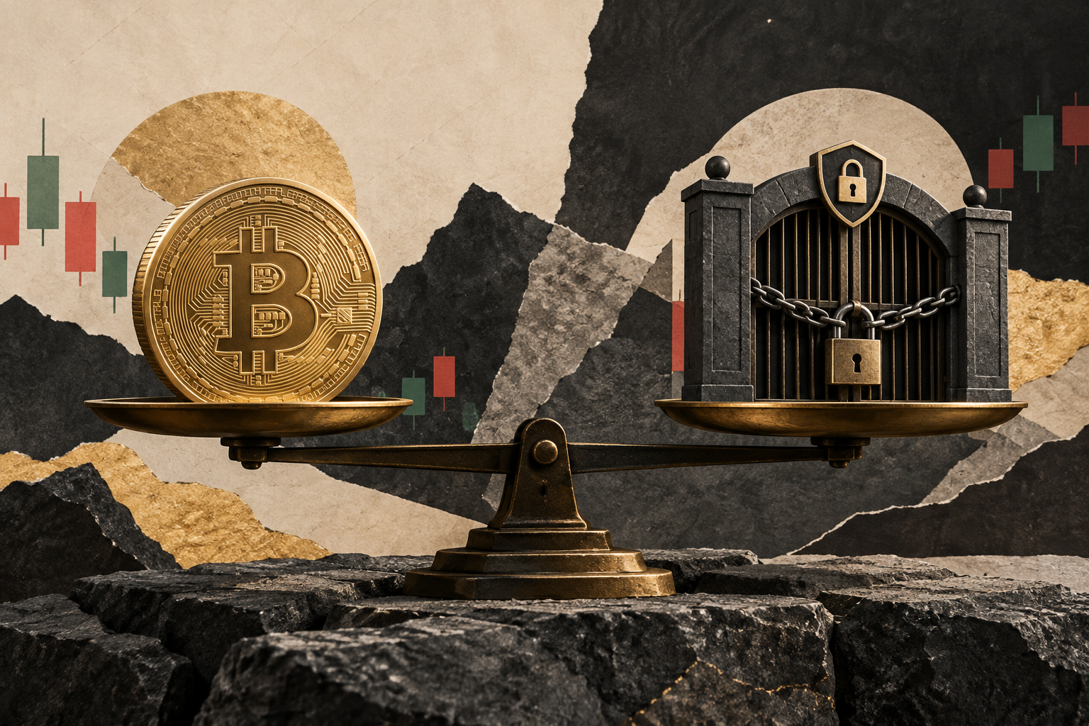 Conceptual illustration contrasting Bitcoin price exposure with access to exchange funds
