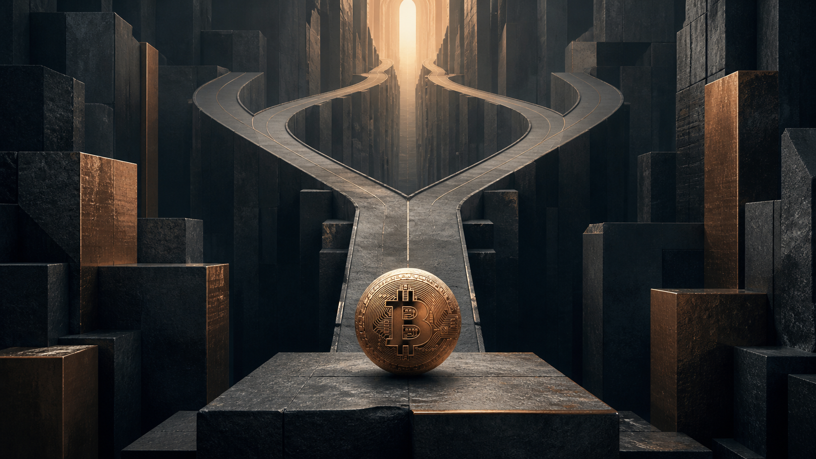 Editorial illustration of a Bitcoin-inspired sphere in an architectural corridor representing support and resistance