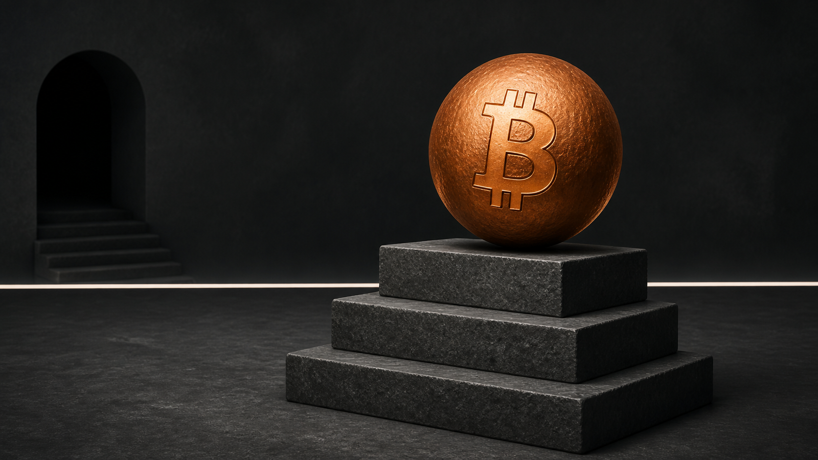 Editorial illustration of a copper Bitcoin-inspired sphere balanced on stepped dark stone platforms, representing support and resistance