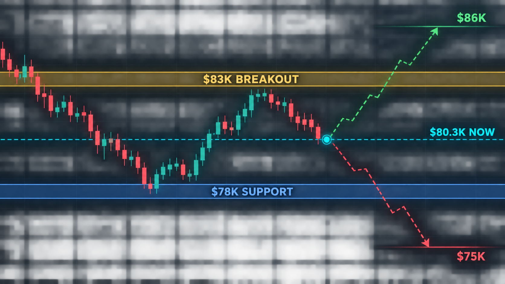 Bitcoin technical decision map showing $83K breakout resistance, the current $80.3K pivot, $78K support, and scenario paths toward $86K or $75K