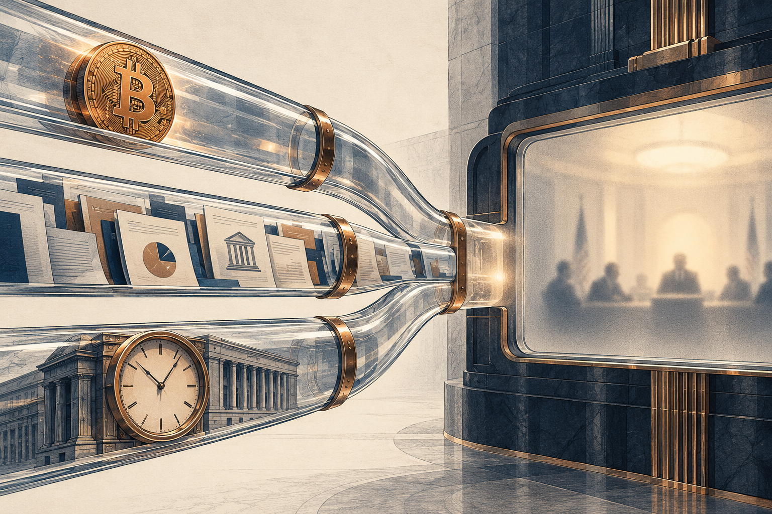 Conceptual illustration separating Bitcoin price, institutional fund evidence and central-bank timing