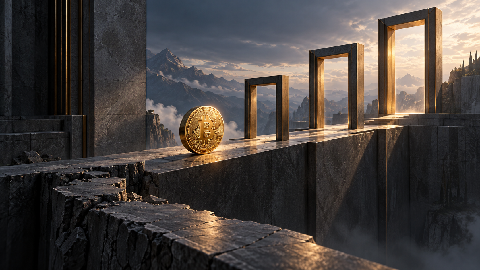 Financial-editorial illustration of a gold Bitcoin form approaching three successive architectural confirmation gates above a fractured invalidation ledge.