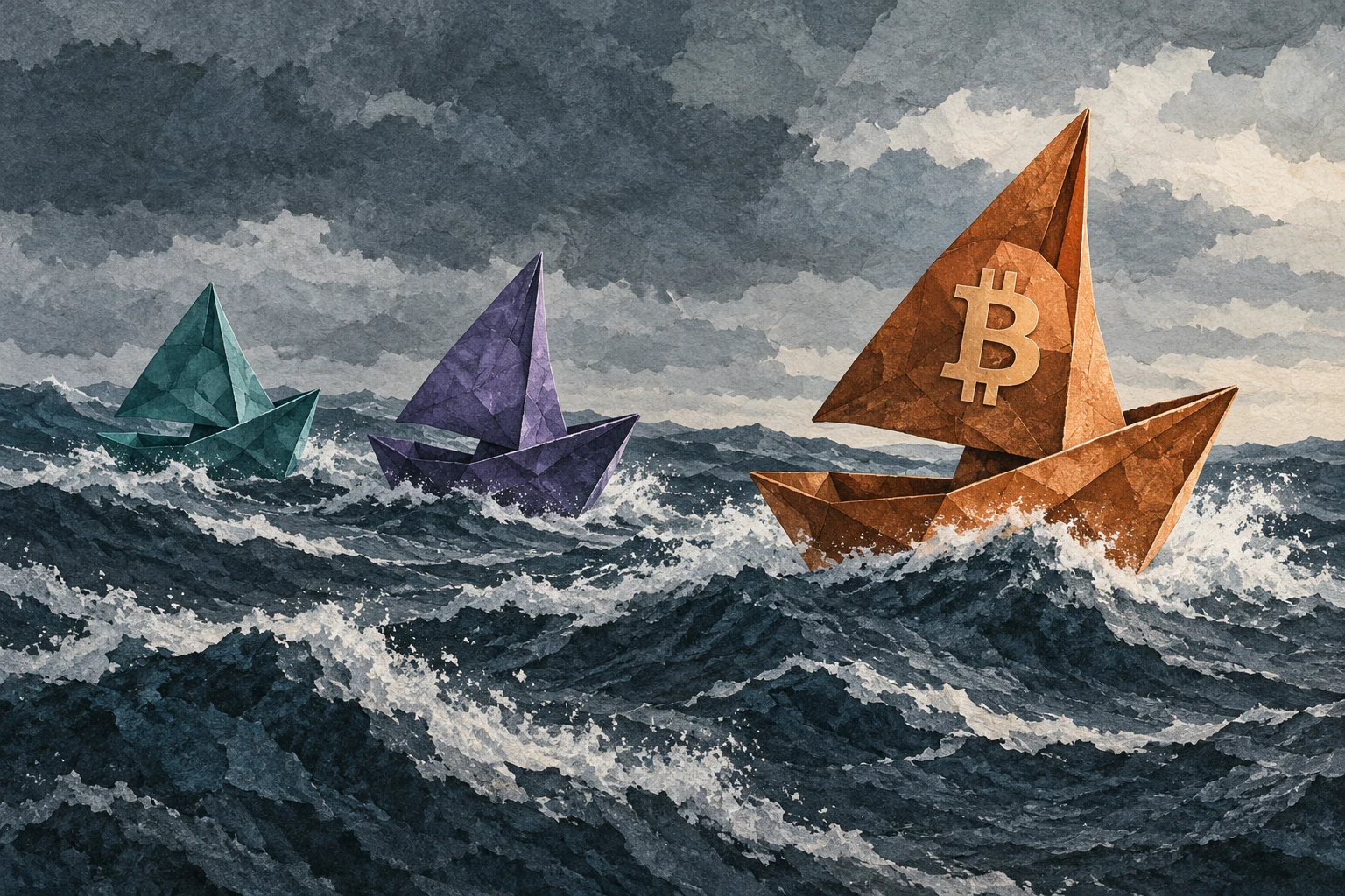 Conceptual illustration of Bitcoin, Ethereum and Solana represented by three boats navigating the same rough crypto market