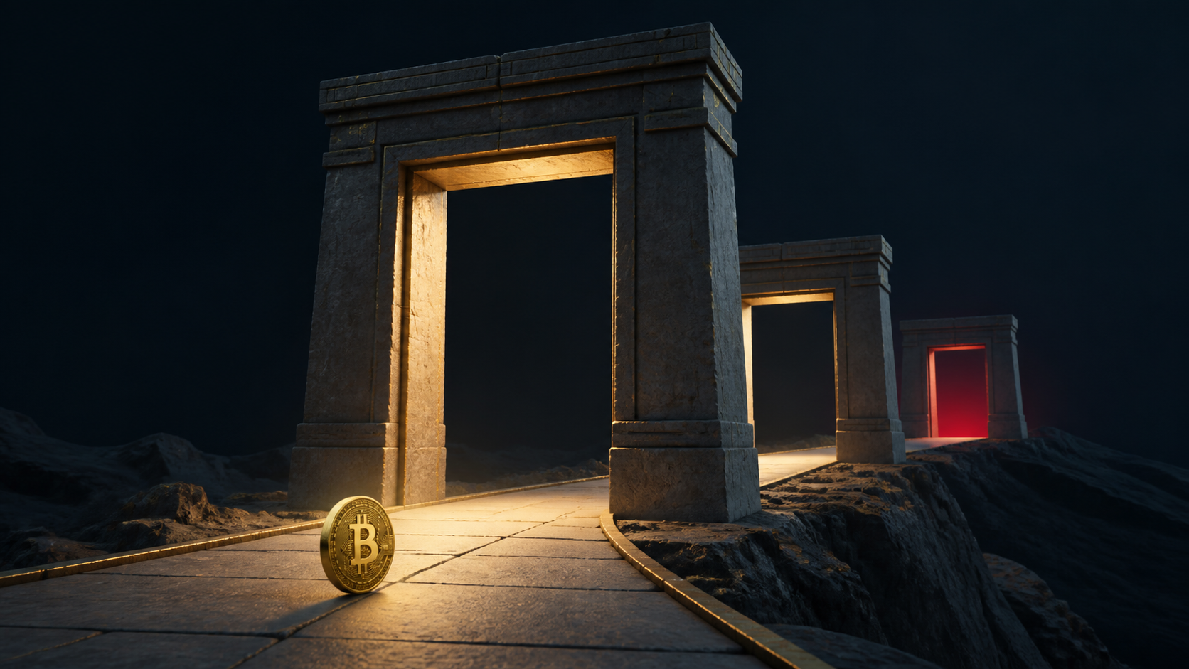 Editorial illustration of a bitcoin-inspired coin approaching sequential stone gates, representing market confirmation