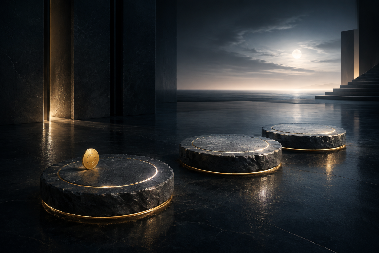 Editorial illustration of three illuminated stepping stones representing market confirmation before action.