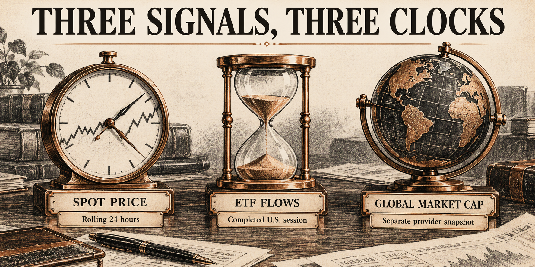 Three separate measurement clocks for spot prices, completed-session ETF flows and global market capitalization