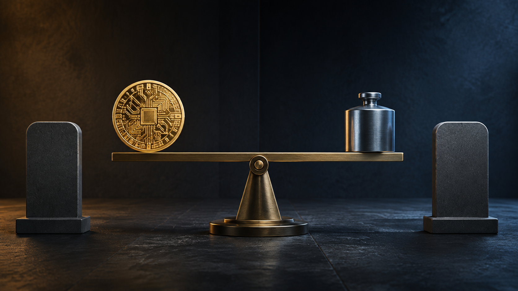 Editorial illustration of a balanced precision beam between two unmarked stone checkpoints, representing disciplined confirmation and invalidation.