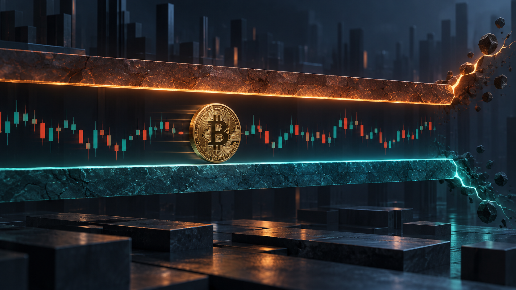 Bitcoin candlesticks compress between a teal support floor and an amber resistance ceiling