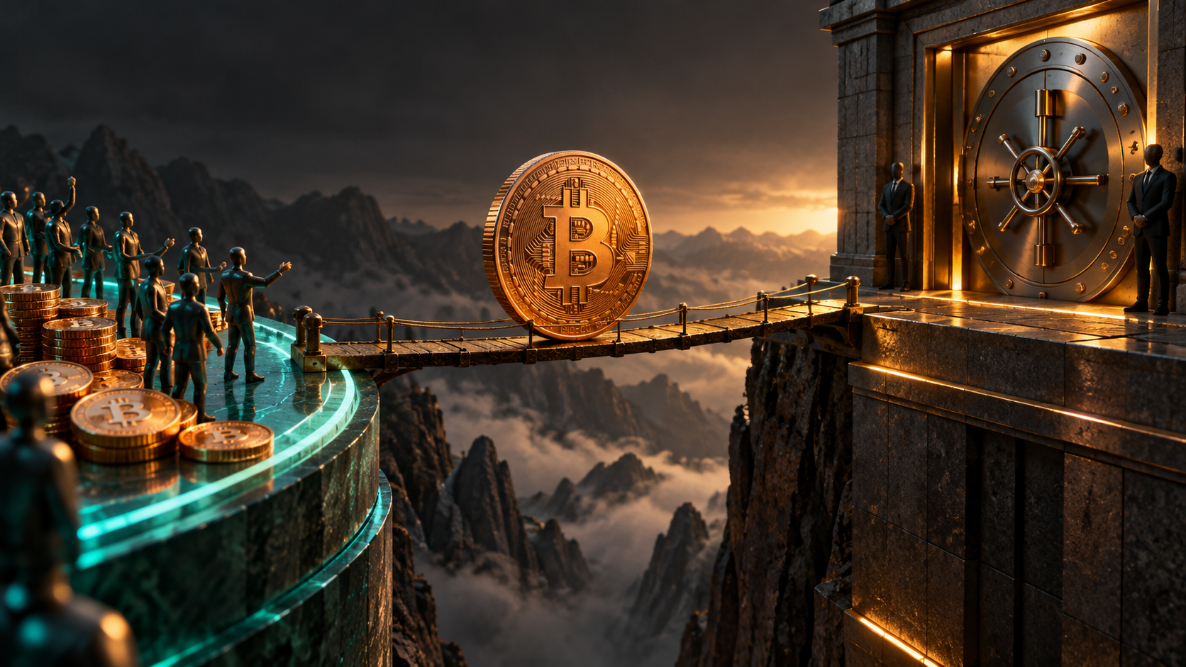 Conceptual illustration of Bitcoin bridging spot trading and a closed institutional vault