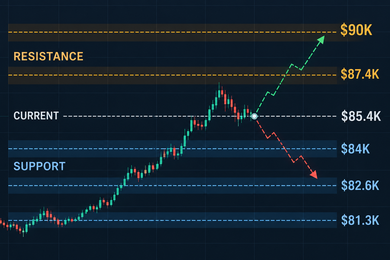 Bitcoin technical decision map with $85.4K current price, $87.4K and $90K resistance, and support at $84K, $82.6K, and $81.3K