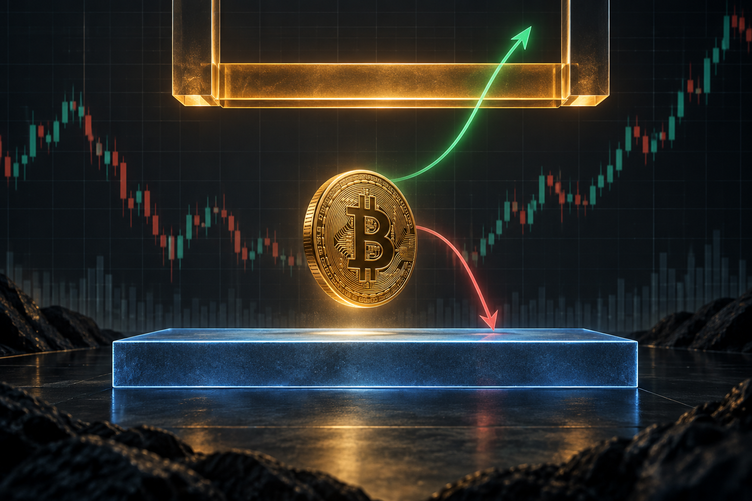 Bitcoin decision-zone illustration showing a coin between lower support and upper resistance, with breakout and pullback paths
