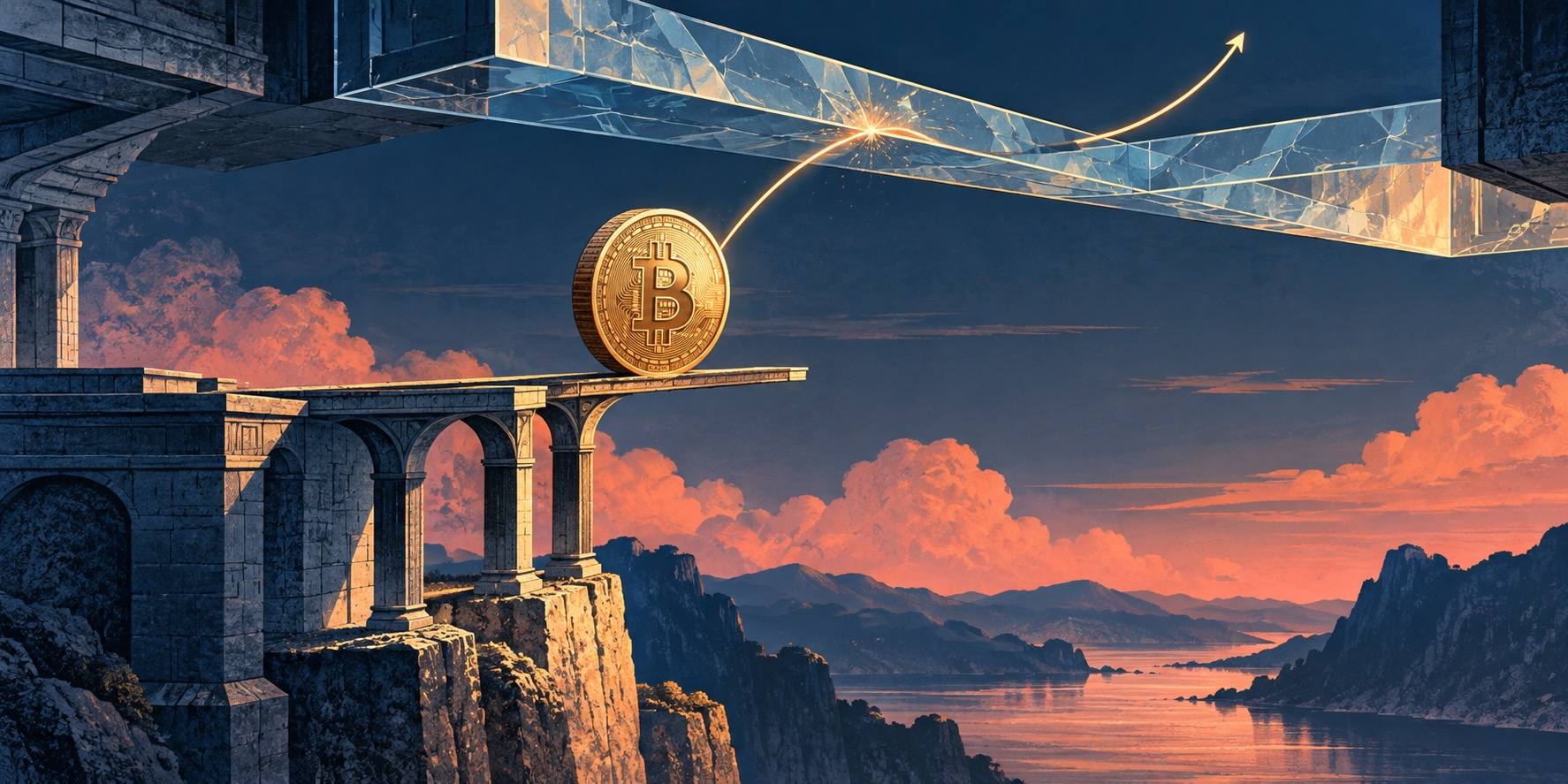 A Bitcoin coin meets a glass resistance barrier above a lower support platform, illustrating the failed breakout