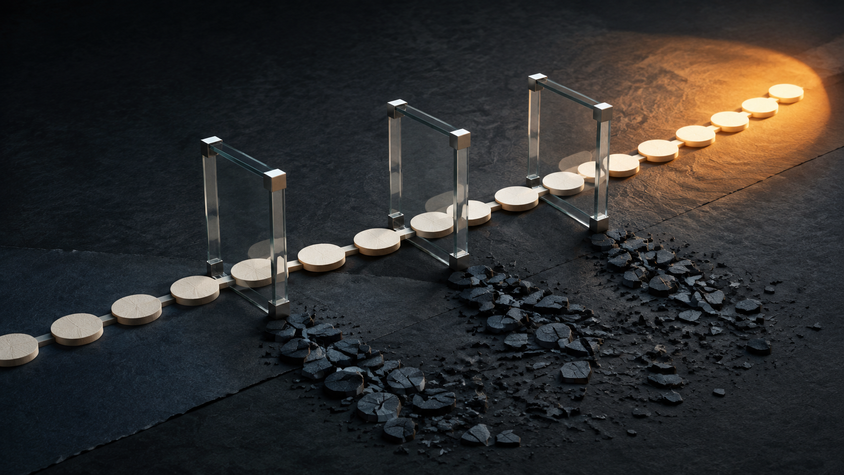 Editorial illustration of blank discs passing through transparent confirmation checkpoints while a second path breaks into fragments.