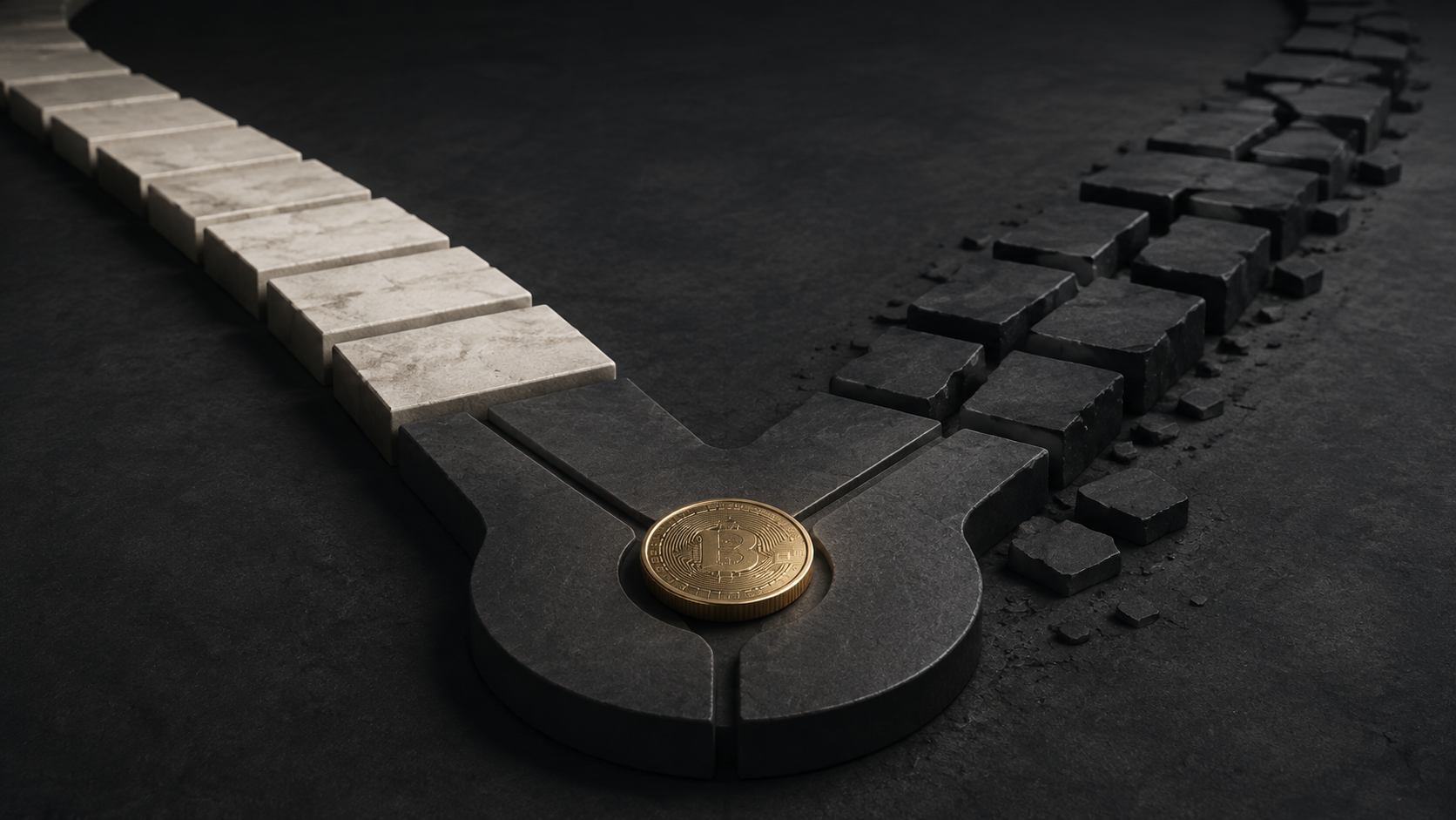 Editorial illustration of a gold digital coin at a fork between a stable pale path and a fragmented dark path.