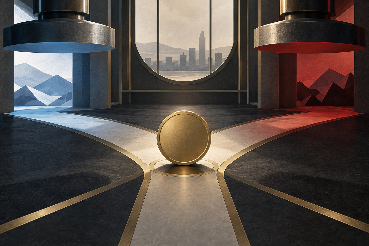Conceptual editorial illustration of a gold digital asset poised between cool and warm macroeconomic paths before an inflation decision.