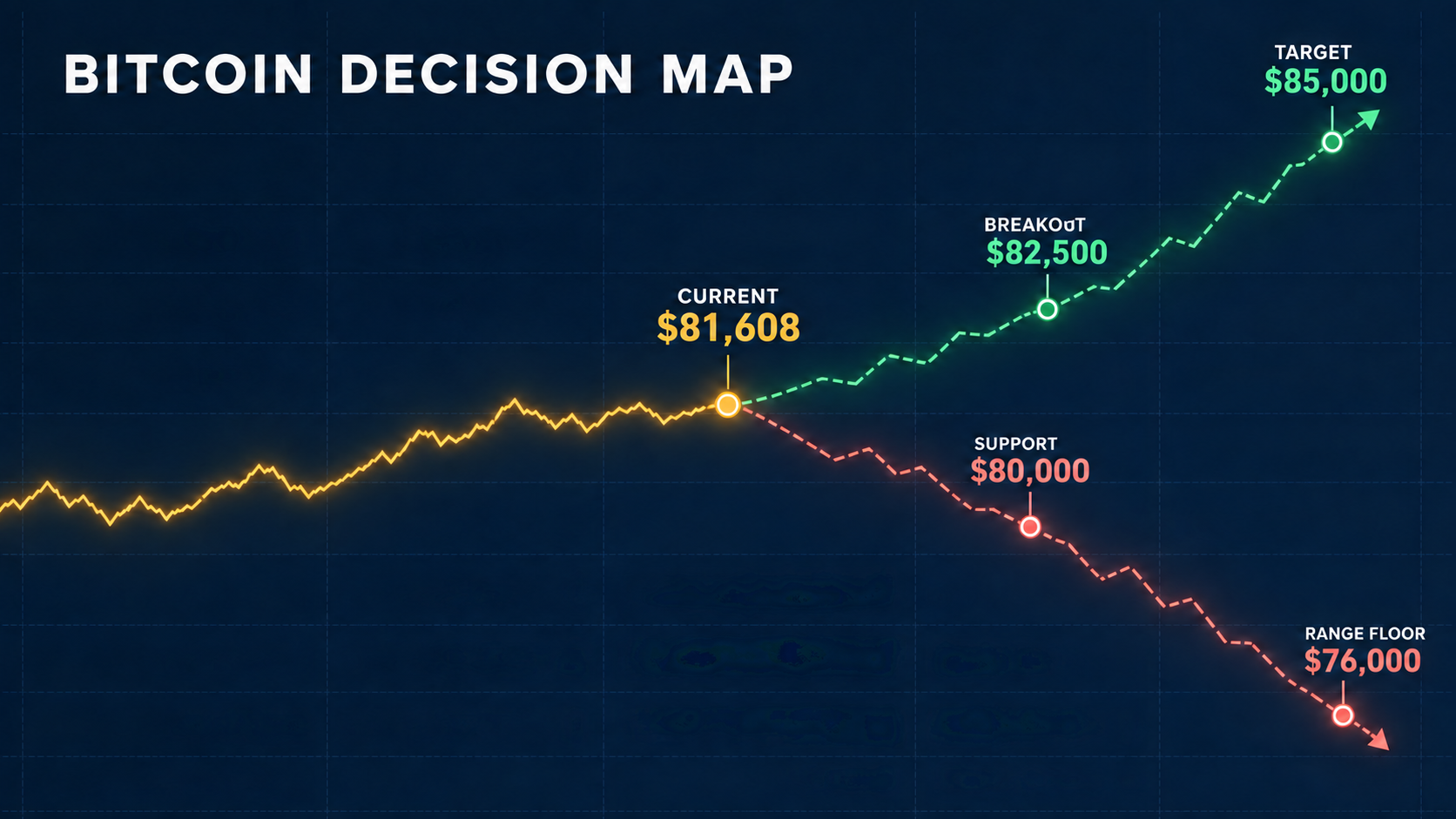 Bitcoin decision map showing the current $81,608 price between $80,000 support and $82,500 breakout resistance, with conditional paths to $85,000 or $76,000
