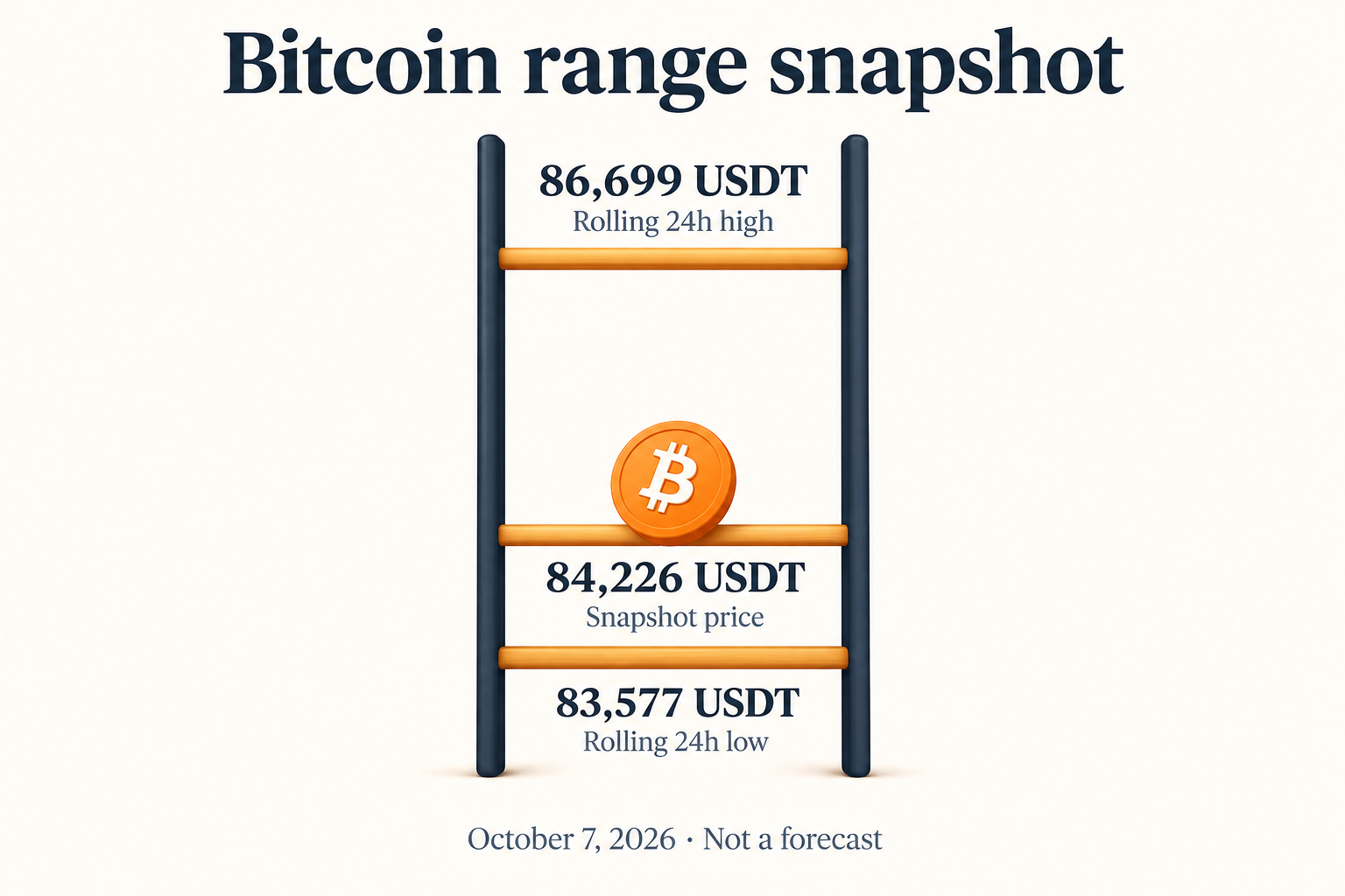 Bitcoin range illustration showing the 83,577 USDT rolling low, 84,226 snapshot price, and 86,699 rolling high