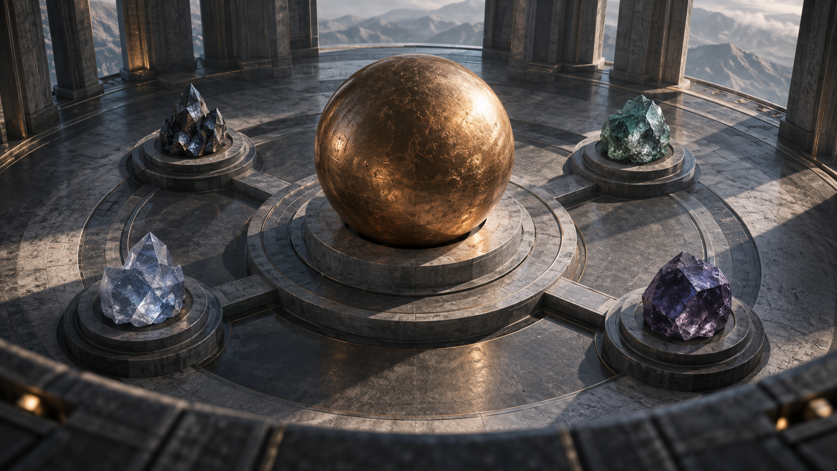 Conceptual editorial illustration of one dominant metallic sphere and four smaller mineral forms under uneven market light.