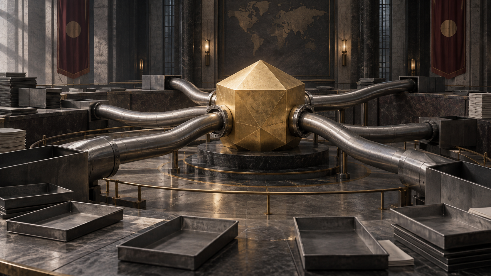 Financial-editorial illustration of empty allocation trays and unbranded institutional conduits surrounding a steady gold geometric asset core.
