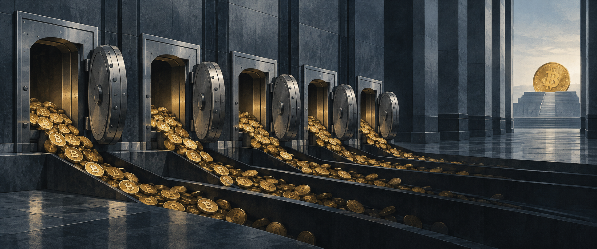 Editorial illustration of ETF vaults releasing Bitcoin liquidity during the September 16, 2026 market pullback