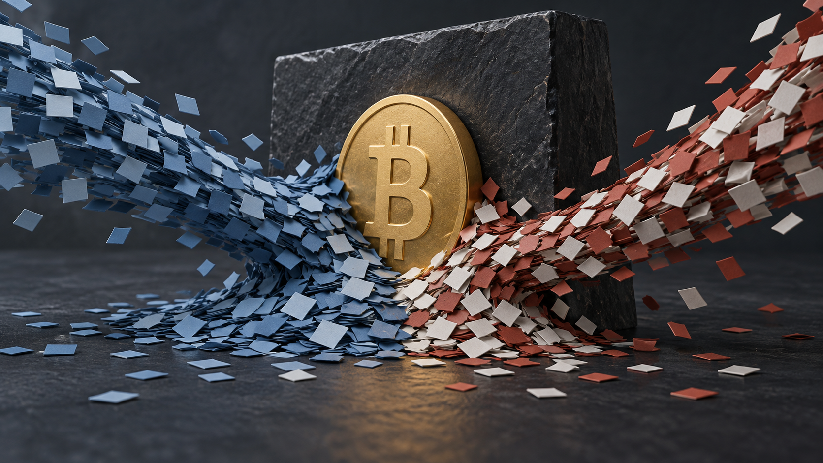 Editorial illustration of an unmarked gold coin at a forked path, representing Bitcoin’s market-breadth decision point.