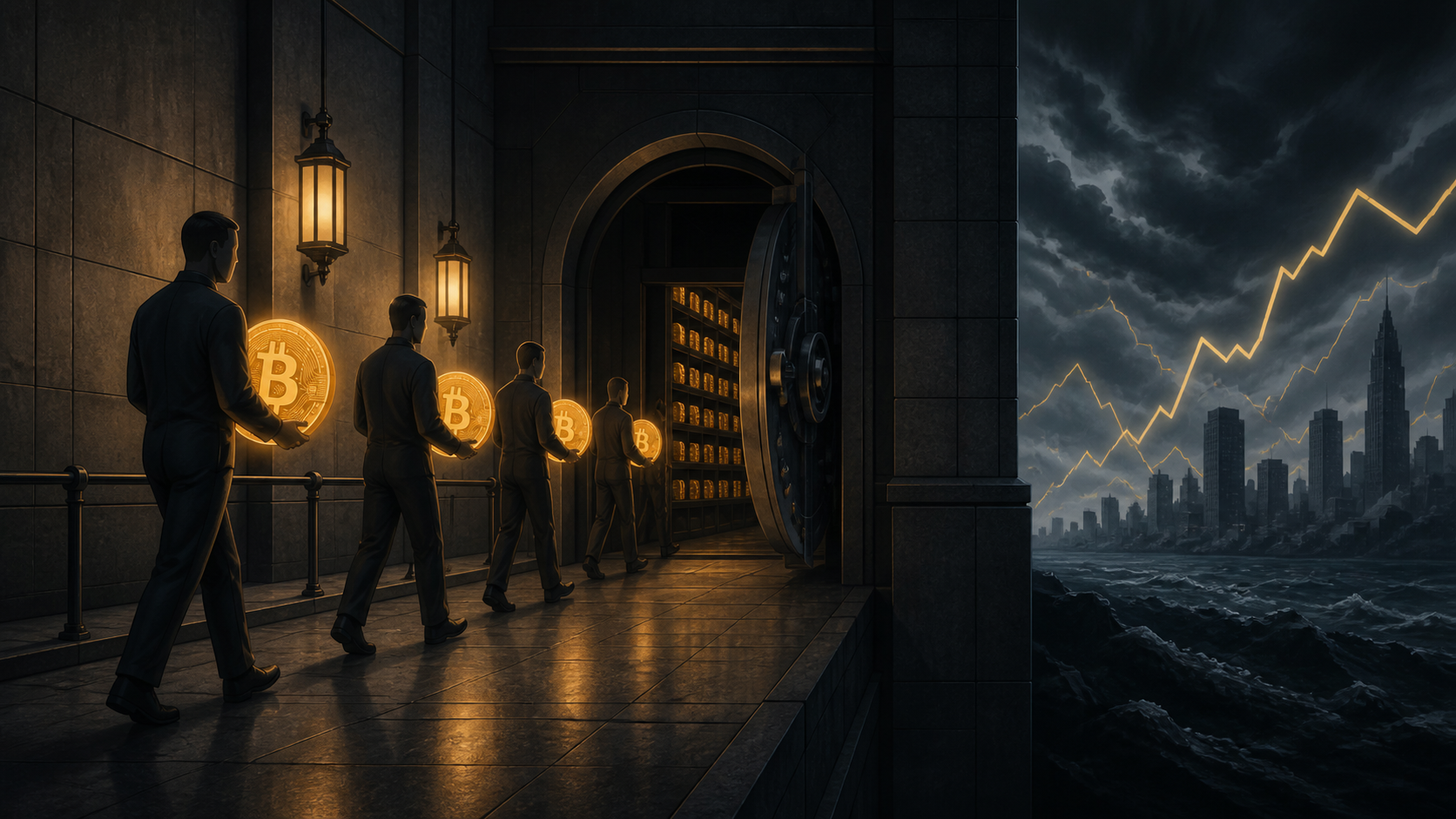 Editorial illustration of a Bitcoin coin before a dark doorway, representing the market’s $80K threshold