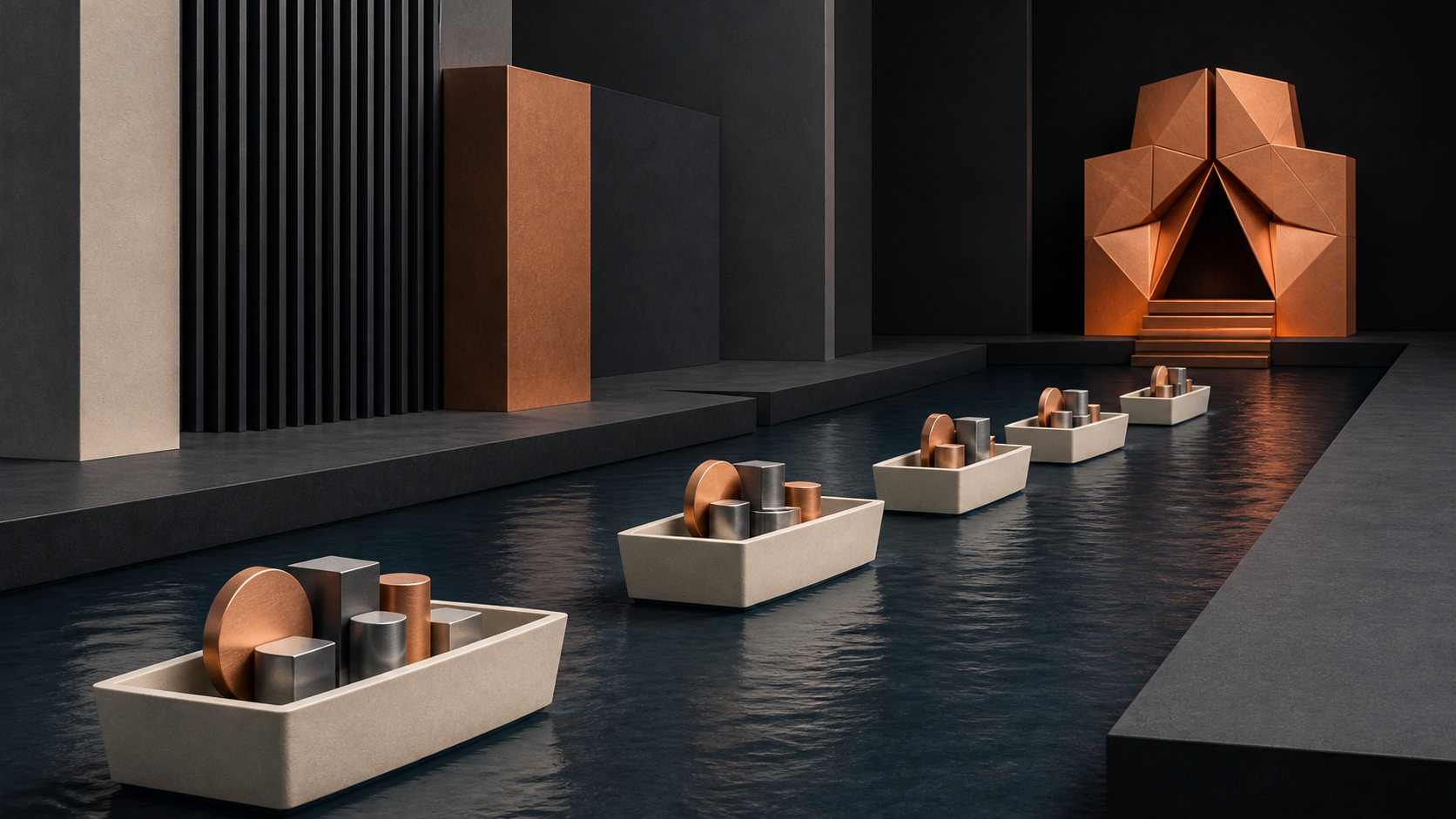 Editorial illustration of abstract capital vessels moving through a dark waterway toward a copper financial monument