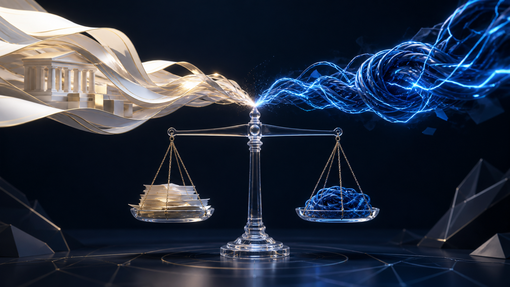 Editorial illustration of calm institutional capital and volatile leverage balancing on a scale