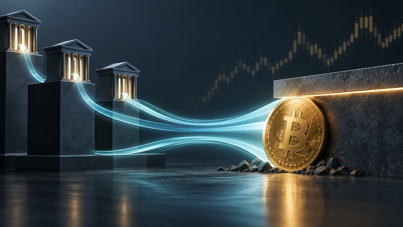 Institutional capital streams converge on Bitcoin while an overhead barrier contains the price