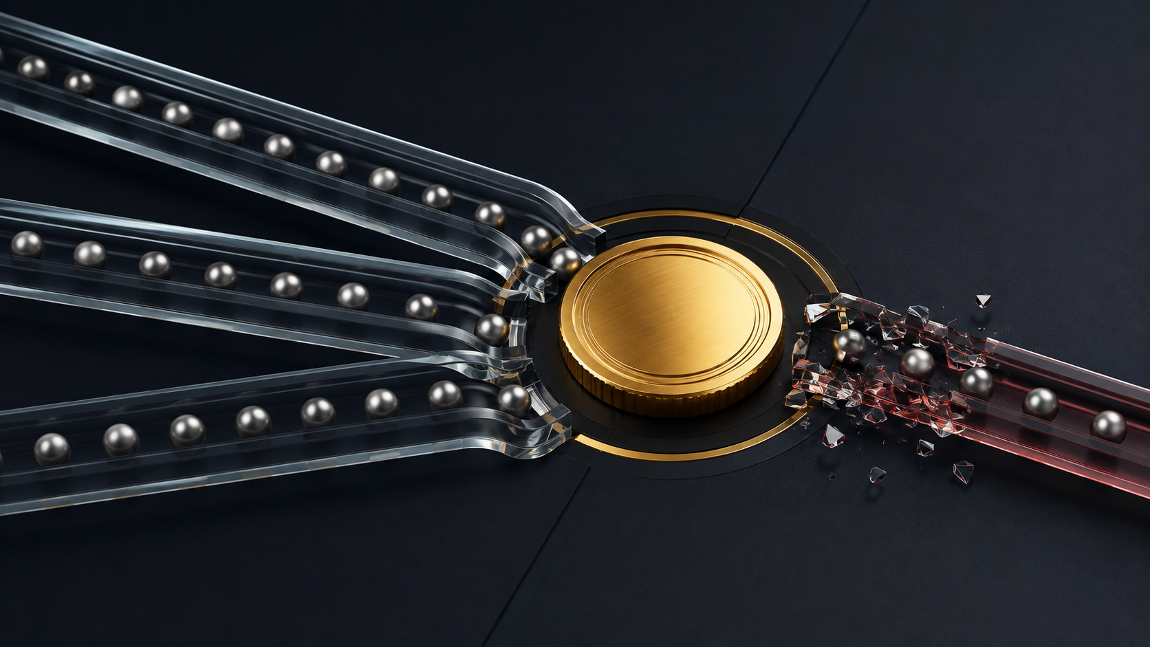 Editorial illustration of steady capital channels feeding a plain gold digital-asset disk while one opposing channel breaks apart.