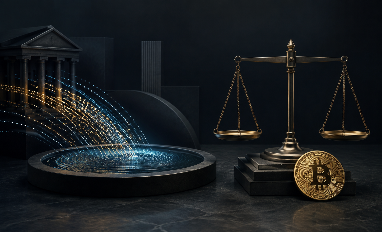 Editorial illustration of institutional capital flow balancing beside a generic digital coin.