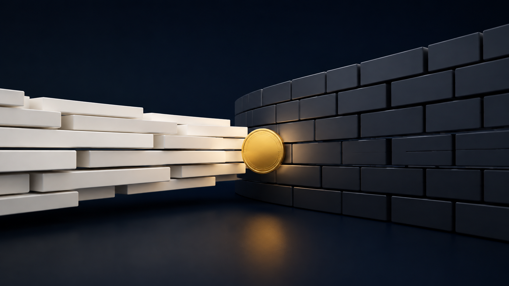 Editorial illustration of pale institutional-flow blocks meeting a dark resistance wall around a gold digital coin.