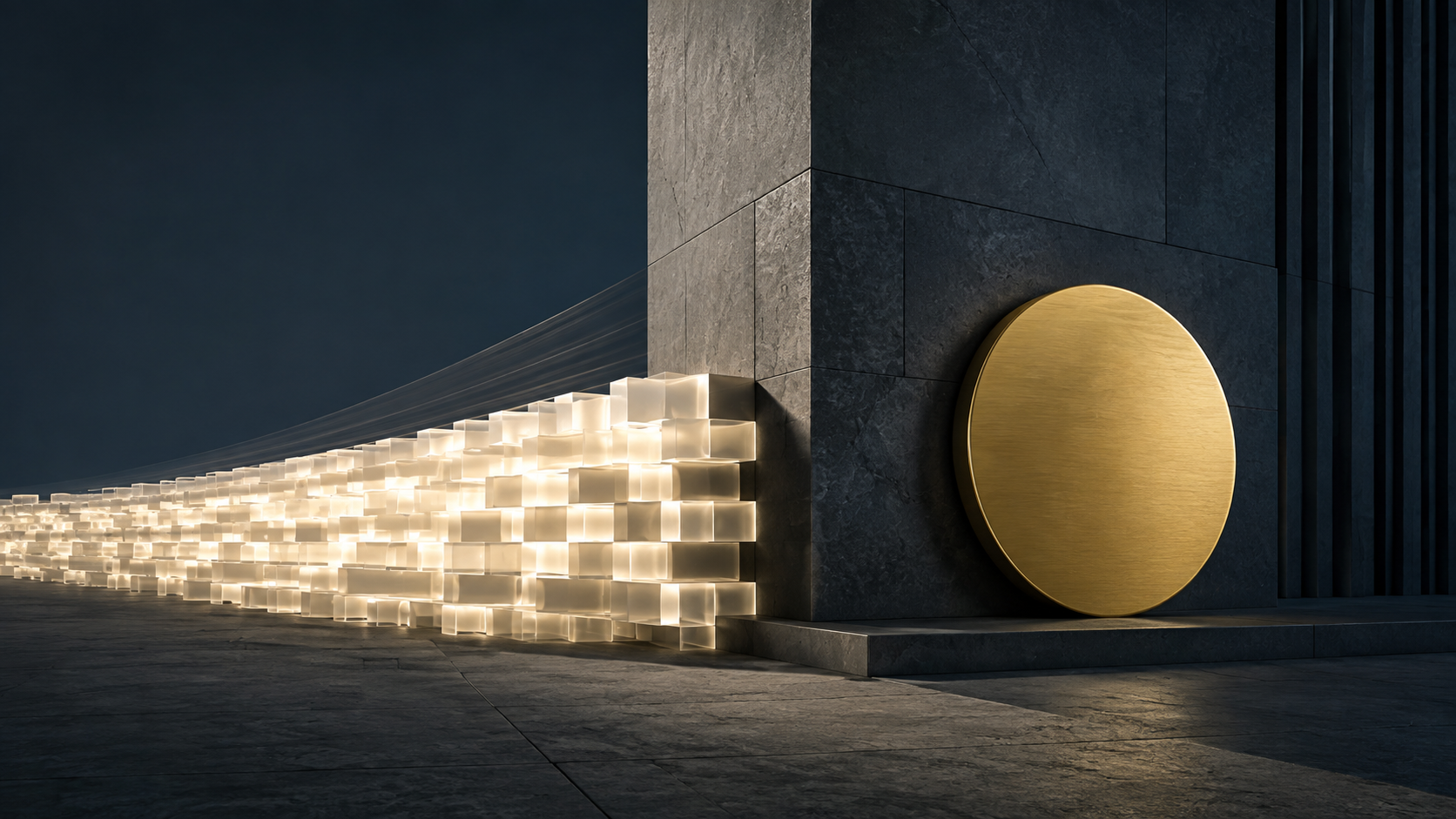 Editorial illustration of unbranded capital blocks meeting a dark supply barrier beside a plain gold disk.
