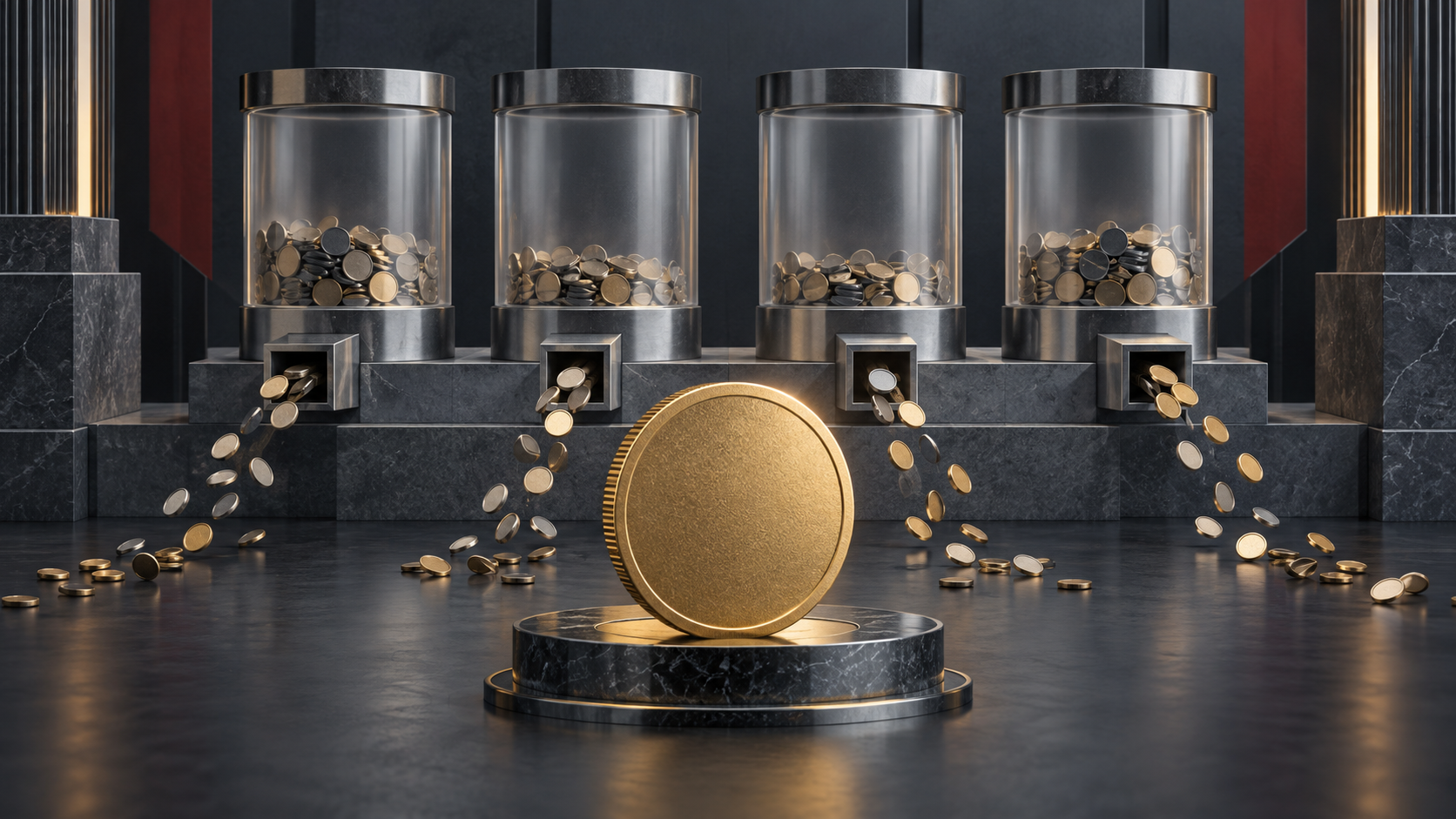 Conceptual editorial illustration of capital leaving four unlabeled institutional fund vessels while a central gold digital asset remains steady.