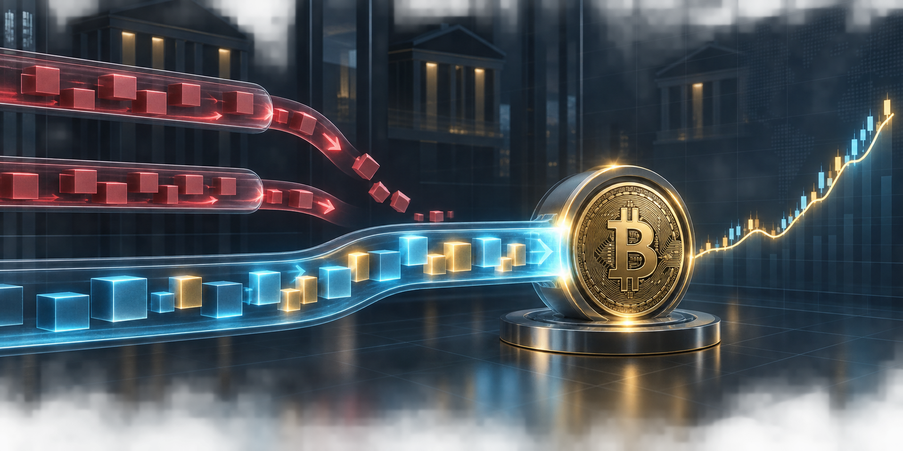 Institutional Bitcoin ETF flows reverse from red outflow channels into a blue and gold inflow stream