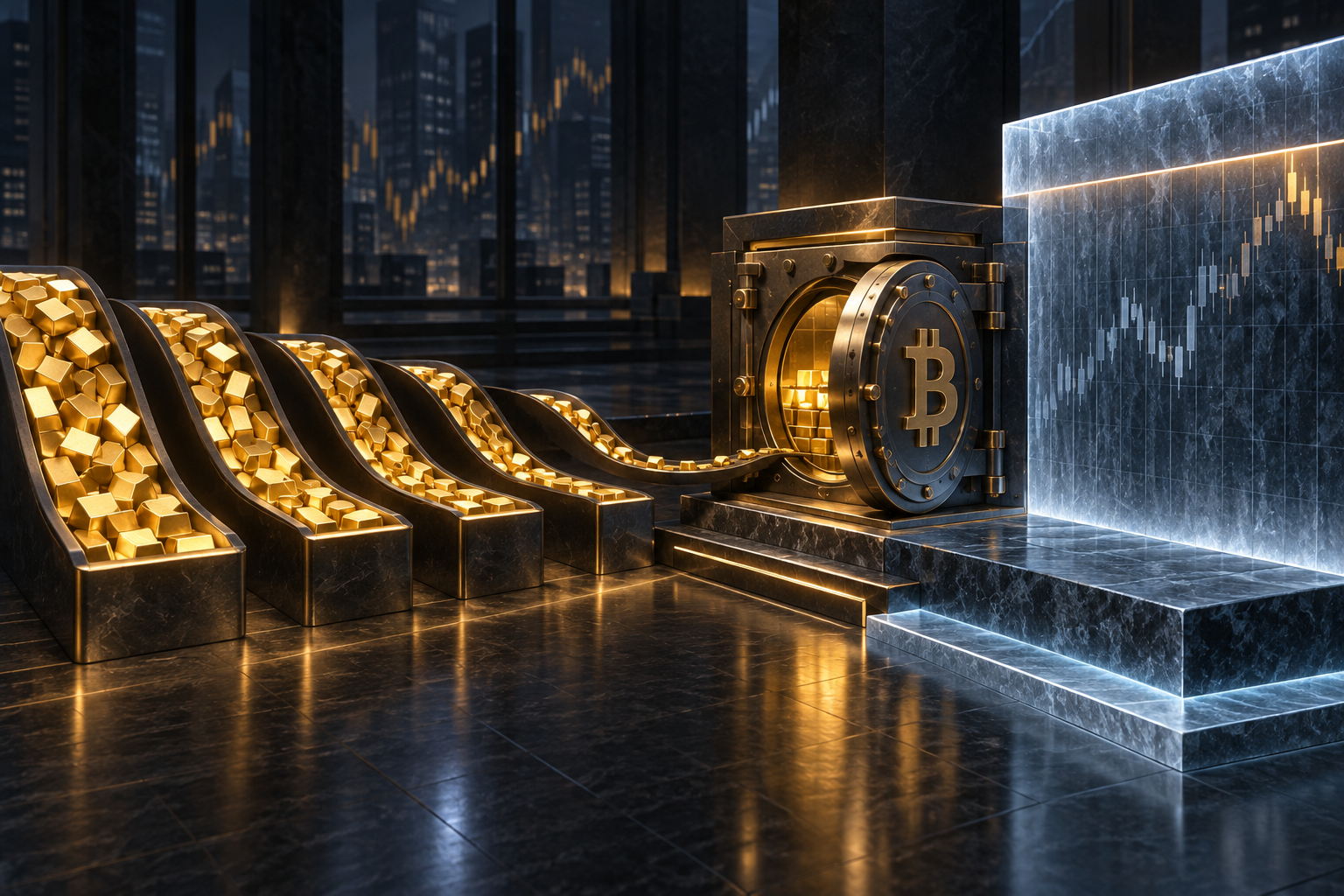 Five progressively narrower institutional inflow streams feeding Bitcoin below a resistance wall