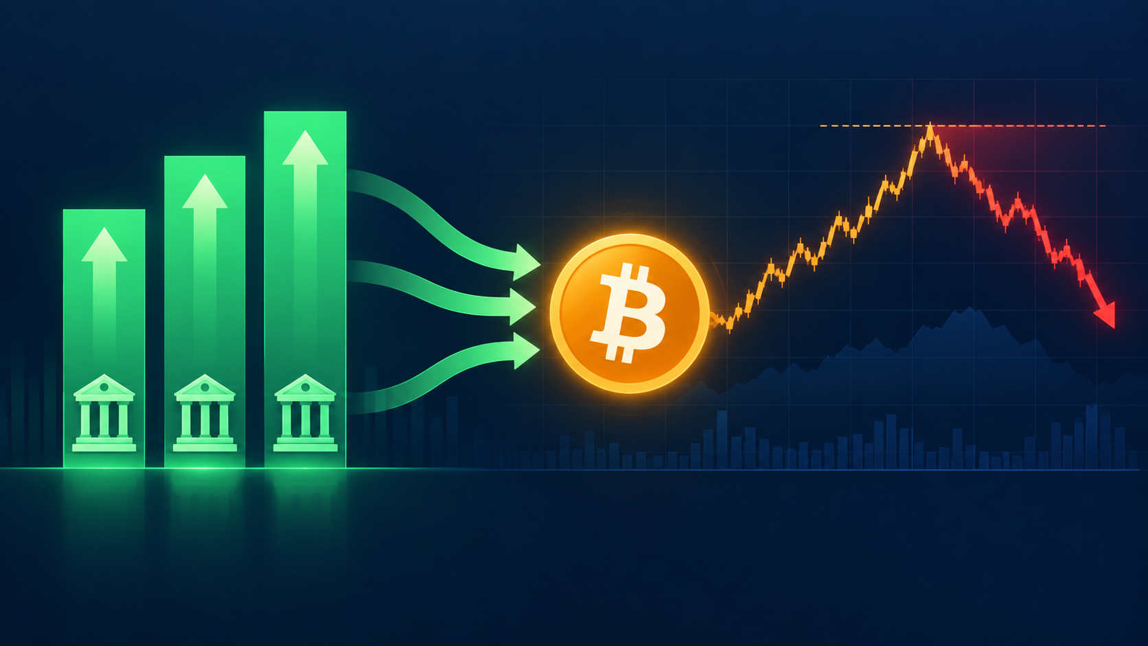 Three green institutional ETF inflow columns feed toward Bitcoin while the market price rejects resistance and turns lower