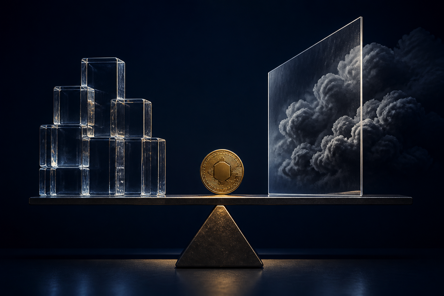 Editorial illustration of transparent investment blocks and macro storm pressure balanced around a digital coin.