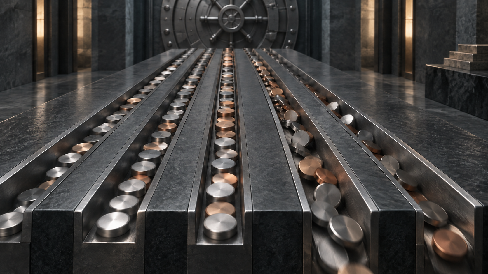 Editorial illustration of unmarked metallic discs moving through institutional vault channels, representing mixed Bitcoin ETF flows rather than a literal market chart.