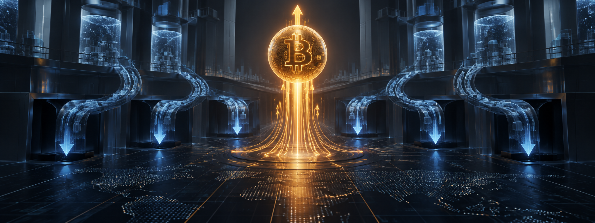 Editorial visualization of Bitcoin rising while institutional ETF capital streams flow outward