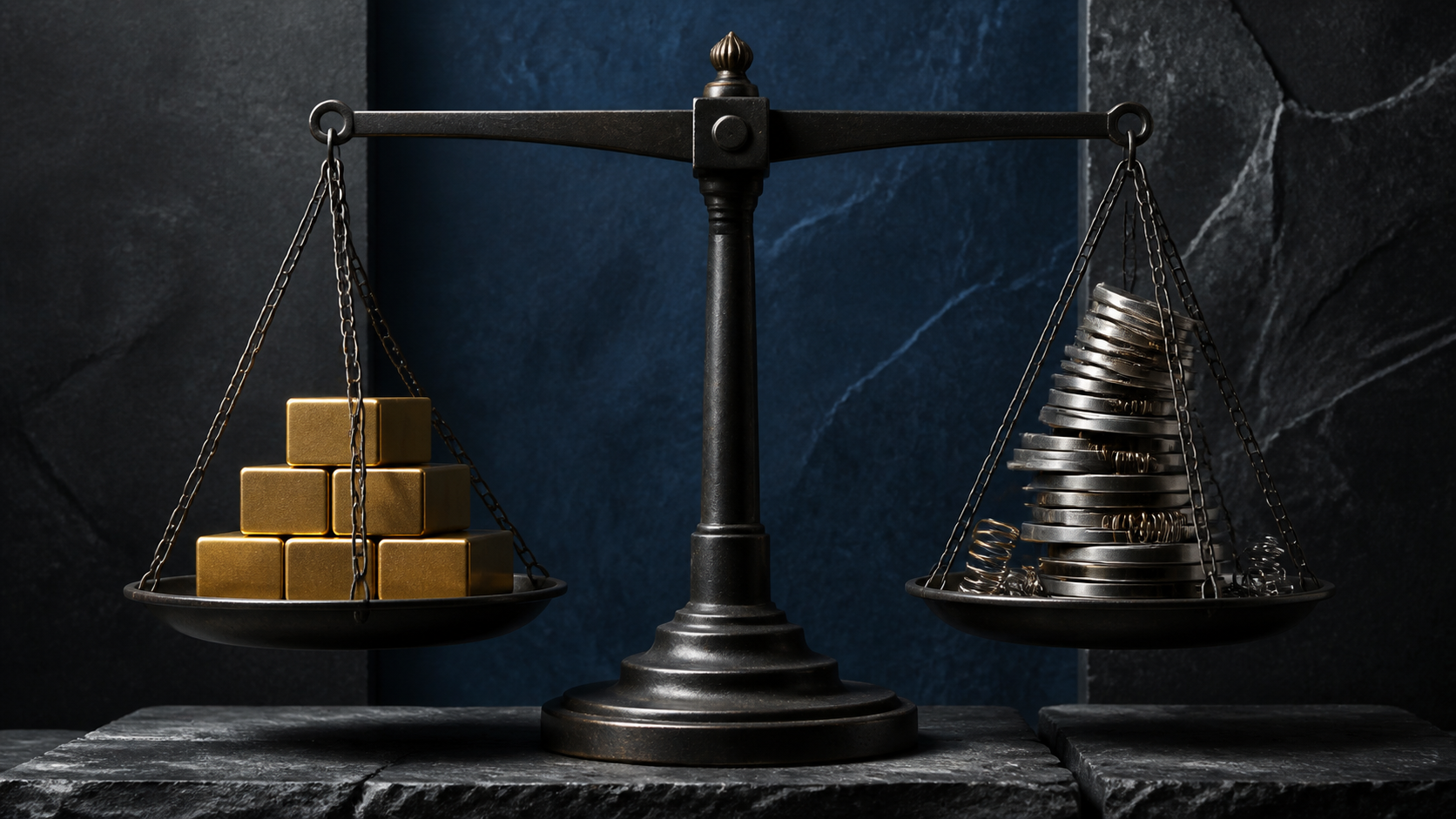 Editorial illustration of solid capital and unstable leverage on a balancing scale