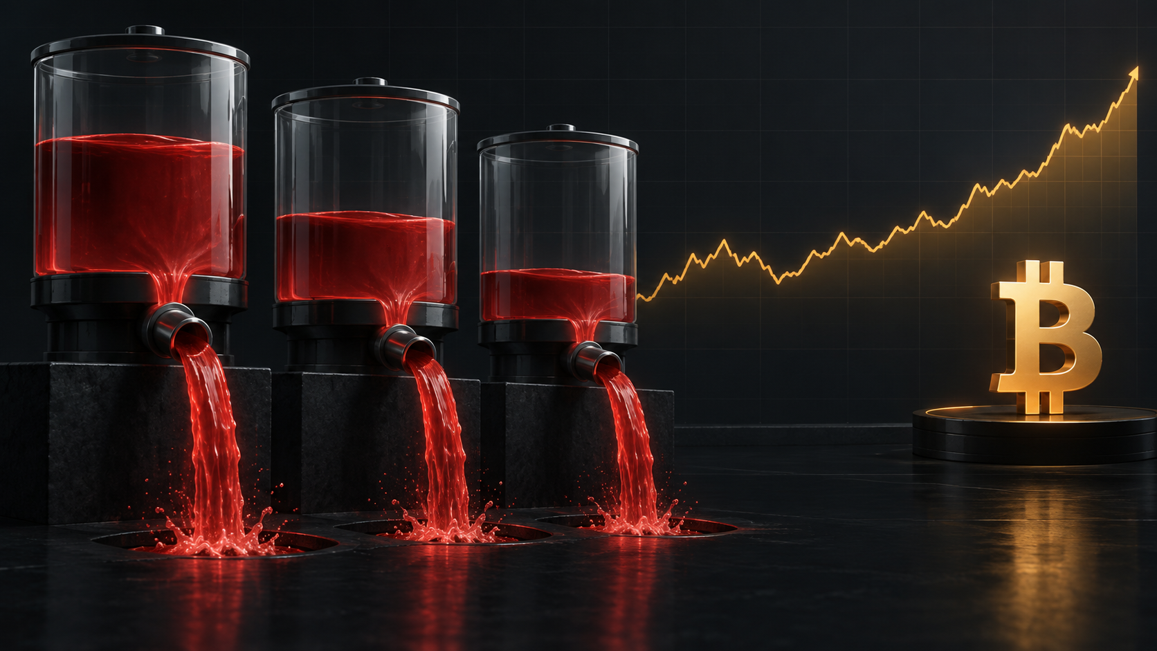 Three Bitcoin ETF reservoirs draining across consecutive sessions while the Bitcoin price line rises