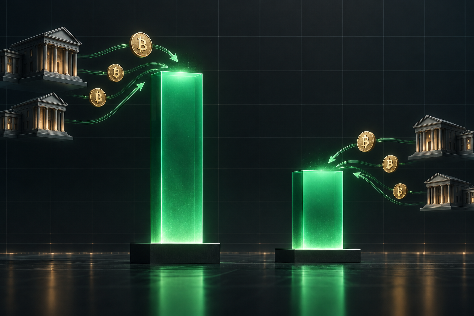 Two green institutional-flow columns represent Monday's $999 million and Tuesday's $364.4 million of U.S. spot Bitcoin ETF inflows
