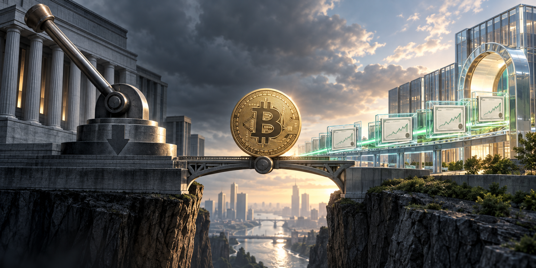 Bitcoin balanced between a central-bank rate lever and a regulated bridge for tokenized stocks
