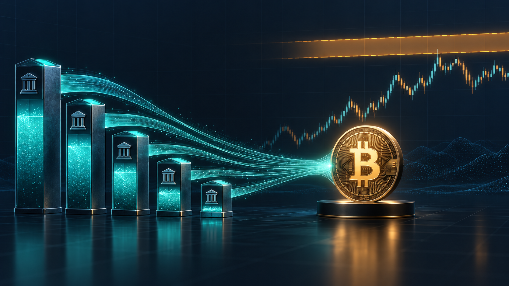 Five positive institutional flow pulses converge on Bitcoin beneath an overhead resistance band