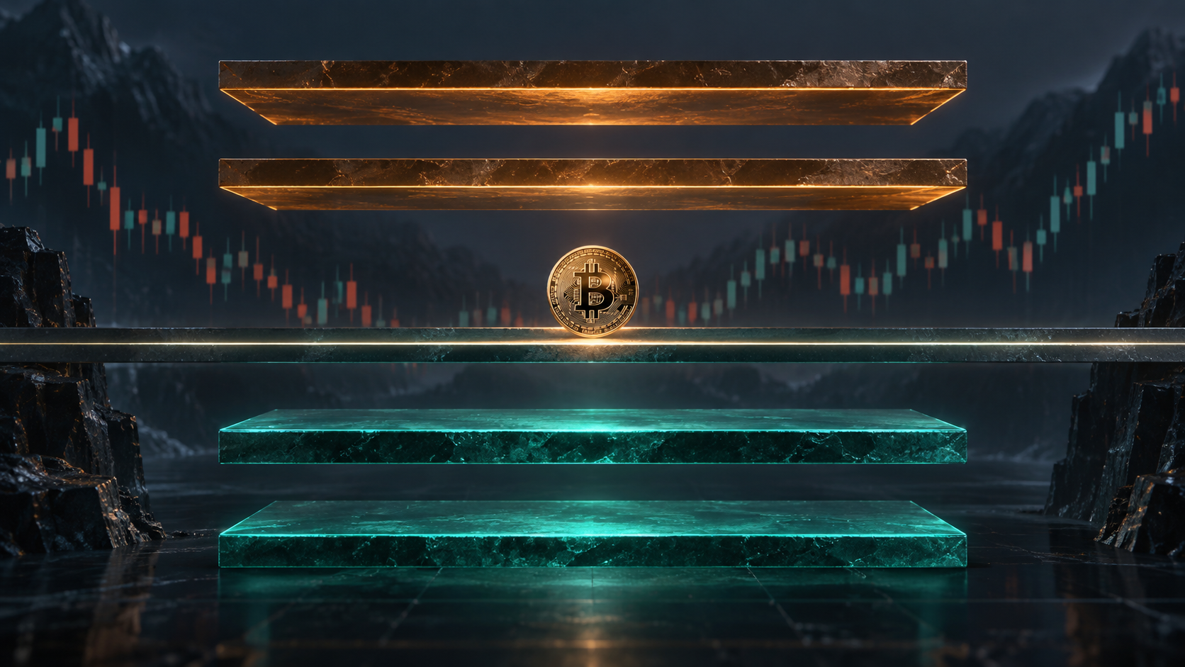 Bitcoin sits on a central balance line between teal support platforms and amber resistance gates